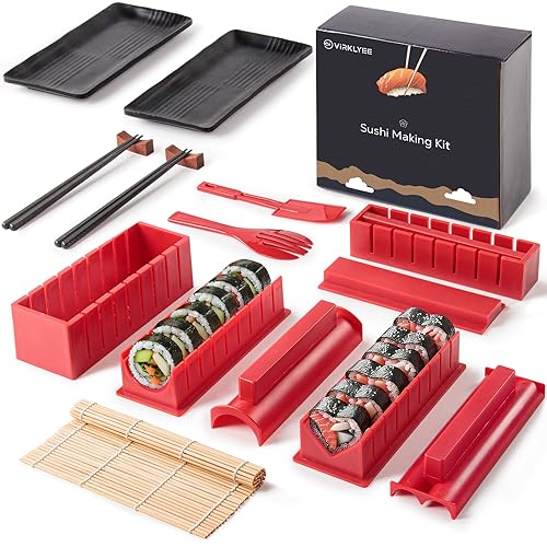 Virklyee 17 Piezas Set de Sushi Sushi Kit Completo para Moldes para hacer Sushi en casa Adecuado para principiantes Sushi Utensilios con Formas Únicas y Divertidas Fácil de limpiar (Rojo)