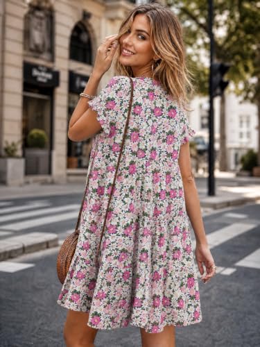 Image of Imysty Womens Boho Floral Ruffle Sleeve Babydoll Loose Flowy Casual Summer Pleated Mini Dress
