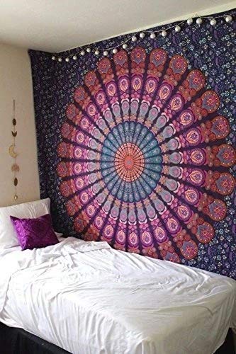 Marubhumi Indian Roundie Mandala Tapestry Hippie Hippy Wall Hanging, Bohemian Queen Wall Hanging Tapestries, Beach Tapestry, Purple, 72 Inches Roundie Tapestry