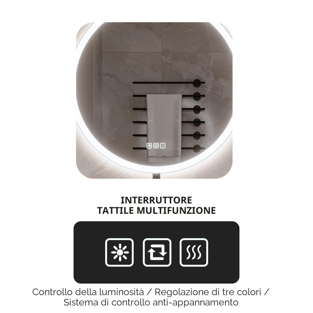 Specchio rotondo LED da 70 cm, specchio da bagno con luce, anti-appannamento, vetro temperato, 3 colori dimmerabili, retroilluminazione frontale e posteriore, CRI90+, pulsante touch