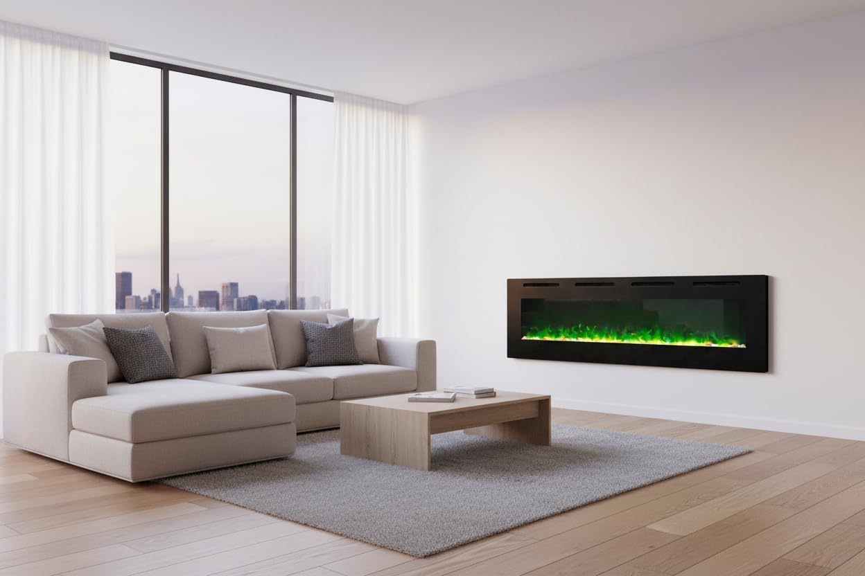 Camino Elettrico da Parete Weka Fireplace Wi-Fi, Ultrasottile, Profondo 7,5 cm, Vetro Temperato, Telecomando e Touch Screen, Riscaldatore da 750/1500 W, Effetto Fiamma Regolabile (127 cm WiFi New)