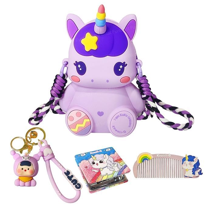 Unicorn Sling Bag for Girls Silicone Crossbody Kawaii Purse with Mirror, Comb & Keyring, Cute Fancy Shoulder Bag for Kids Girls | Adjustable Strap Cartoon Unicorn Mini Bag (Purple)-image-4