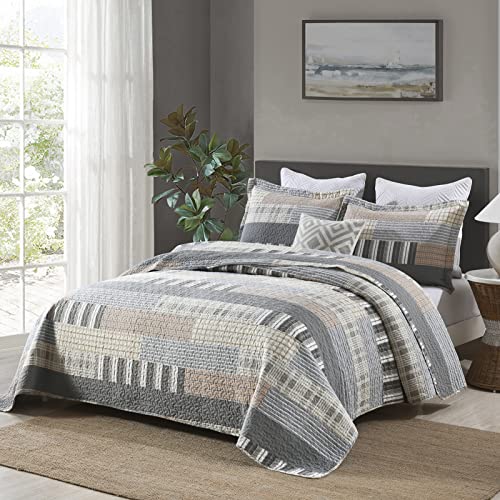 Image of PANGUSHAN Quilt Set Queen Size, 100% Cotton Quilt Bedding Set Bedspreads, Patchwork Plaid Farmhouse Reversible Lightweight Comforter Bed Spread for Queen Bed, Gray /Brown, 3 Pieces