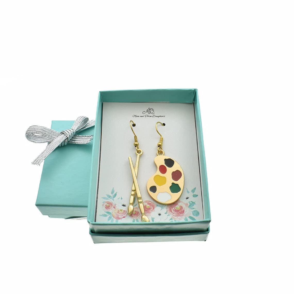 Artist Palette & Brush Earrings – Gold-Tone Enamel Jewelry | Hypoallergenic Stainless Steel Gift for Art Teachers, Painters, Makeup Artists | Handmade by Mom & Three Daughters