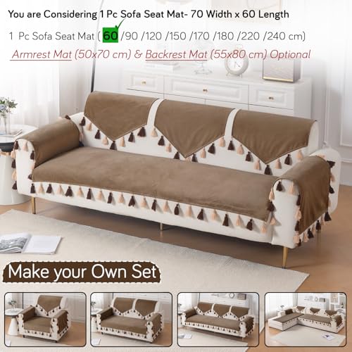 Image of HOKIPO Sofa Cover Mat with Tassel for 1 /2 /3 Seater & L Shape Sofa | DIY Sofa Cover Set | Dyed Holland Velvet | 'TasselTone Series' 70(W) x 60(L) cm |Warm Taupe (IN-1104-BRN)