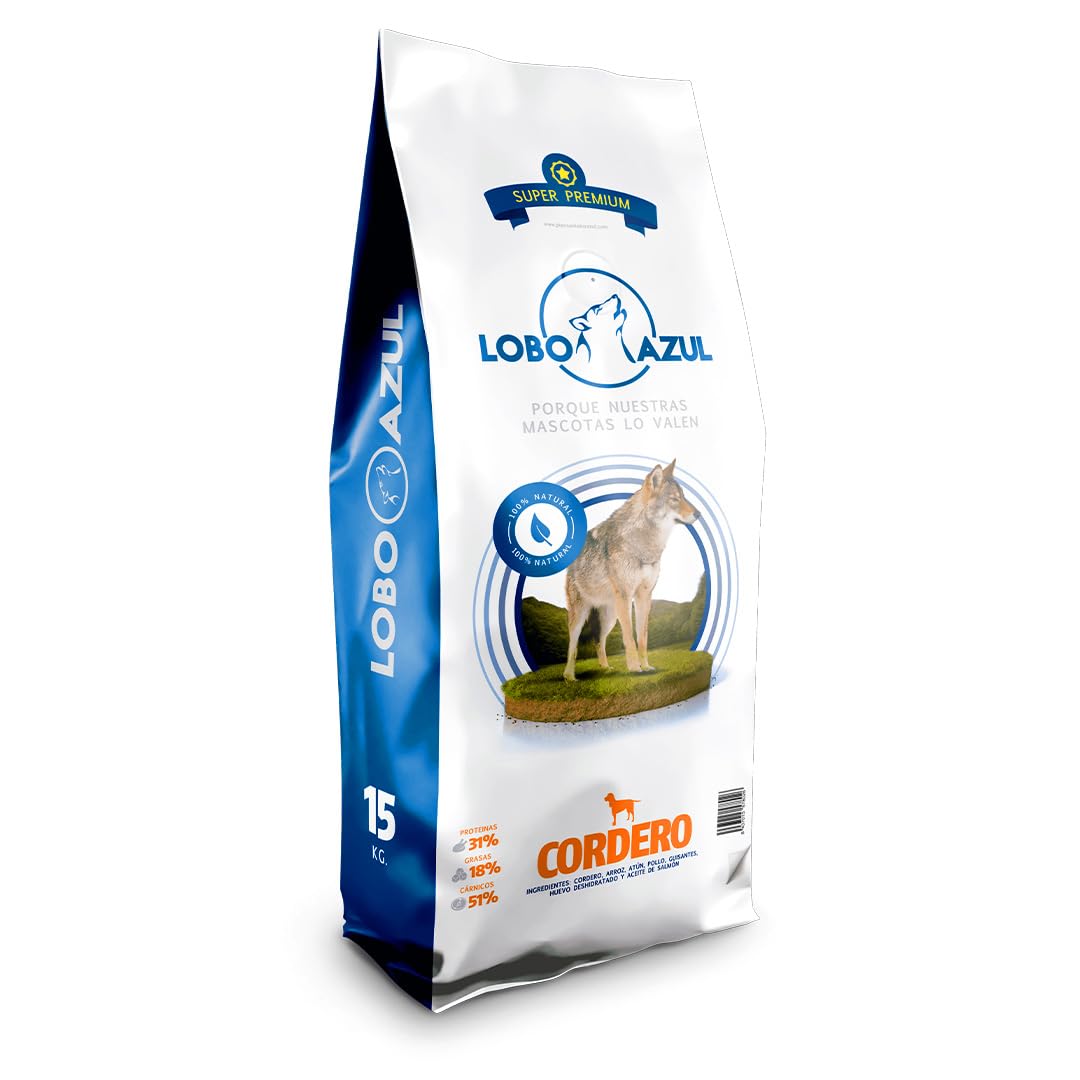 Pienso para Perros Cordero - Comida Digestible y Natural - Alimento Completo y Equilibrado para Perros Adultos - 15kg Lobo Azul Cordero