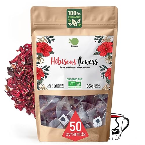 ORIGEENS Flor de Jamaica BIO, 50 bolsitas de té | Flor de Hibisco Ecológico por Te Frio, Agua de Jamaica, Infusion | Te de Hibisco organico por Dieta Detox Drenante
