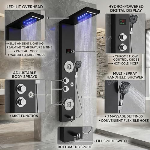 Image of Shower Panels For Bathroom SUS 304 Grade 7 in 1 With 3 Function Hand Shower | Shower System With Temperature Display Rainfall Shower |Hot & Cold Water Adjustable | Body Mist Spray | Water Spout
