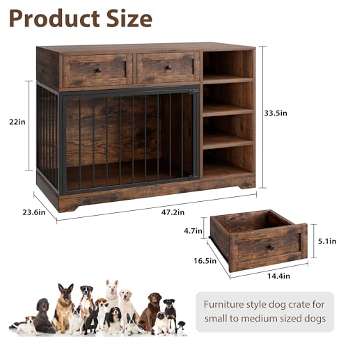Dog Crate Furniture 47”, Large Dog Crate TV Stand with 2 Drawers and 4 Shelves, Wooden Dog Kennel Indoor, Decorative Dog Cage with Storage for Large Dogs, Brown