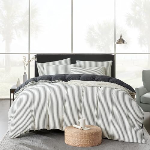 Image of Dark Grey Striped Comforter Set King - 3 Pieces Bedding Comforter Set for All Season, Soft Lightweight Washed Microfiber, 1 Striped Comforter and 2 Pillowcases (Dark Grey, King Size)