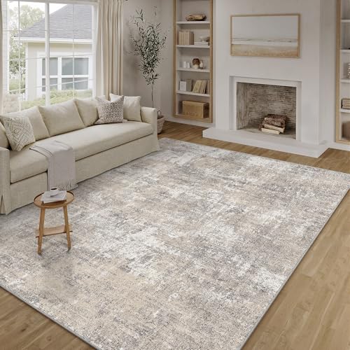 Machine Washable Area Rug 8x10 Beige Gray Large Living Room Indoor Accent Rug Neutral Modern Abstract Low Pile Carpet Non Slip Distressed Throw Rug Bedroom Office Dining Room