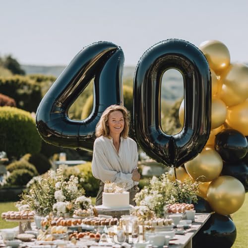 Image of AULE 40 Inch Jumbo Black Foil Mylar Number Balloons for Men Women 40th Birthday Party Decorations 40 Years Old Anniversary Party Supplies