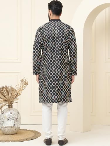 Image of SOJANYA, Men's Silk Blend NavyBlue Kurta with Multi Color Embroidery and Off-White Pyjama