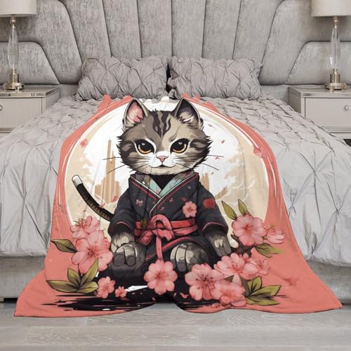 Couverture chat samouraï plaid flannel imprimé drap chaud 130x150cm machine - 8