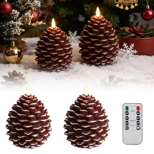 WRQIOO 2 Stück Flammenlose Tannenzapfen Kerzen, Weihnachtskerzen LED...