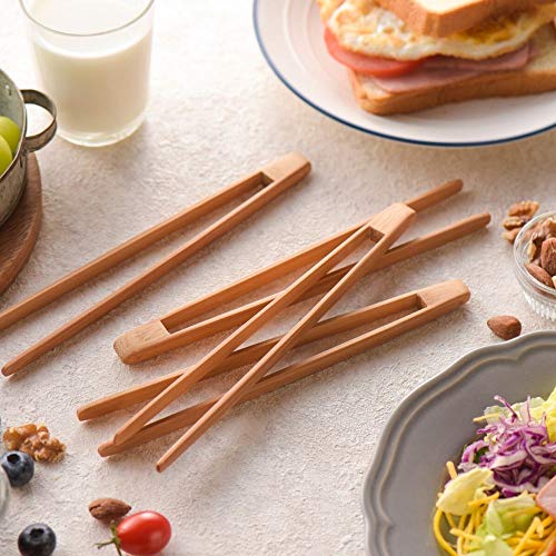 Small Bamboo Toaster Tongs: 100% Natural 8.3” Wood Mini Appetizer Tongs| Eco-Friendly, Space Saving Modern Kitchen Accessory for Home Restaurant | Set of 4