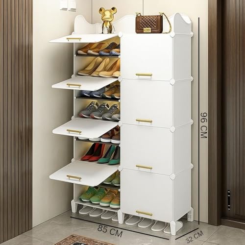 Image of Mevigo 16-Tier Shoe Rack with 8-Doors| Holds 32-Pairs |Waterproof & Dustproof Modular Plastic Shoe Cabinet| Foldable Stackable Shoe Organizer with Metal Frame |Space Saving Storage for Home,Entry Way