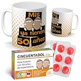 mundohuevo Pack Regalo 50 Años Hombre| Taza Divertida Mis Huevos ya tienen 50 Años + Caramelos de Broma Cincuentadol | Detalle Original y Gracioso para Cumpleaños Especial