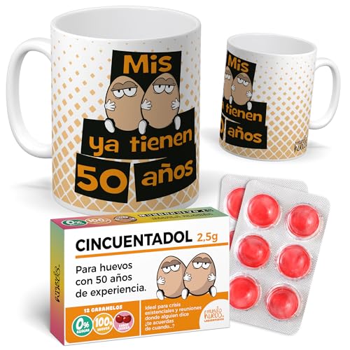 mundohuevo Pack de Presente 50 Anos Homem | Caneca Divertida Meus Ovos Já Têm 50 Anos + Caramelos de Brincadeira Cinquentão | Detalhe Original e Engraçado para Aniversário Especial