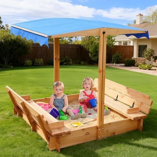 FUNTOK 48”x48” Kids Sandbox with Lid, Wooden Sand Box with Foldable Bench Seats, Retractable & Rotatable Canopy, UV-Protection, 300 Lbs Weight Capacity, for Backyard, Patio, Outdoor Play