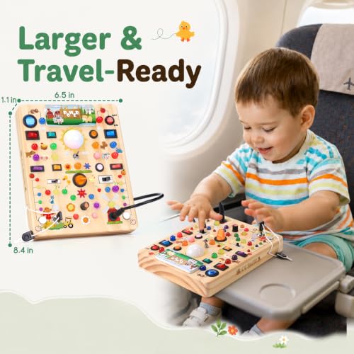 Image of Busy Board with 19 LED Light Switches, Montessori Toys for 1 2 3 Years Old, Wooden Sensory Board, Toddlers Activity Travel Toys for 1 2 3 Year Old Boy & Girl Birthday Gift (Big Farm)