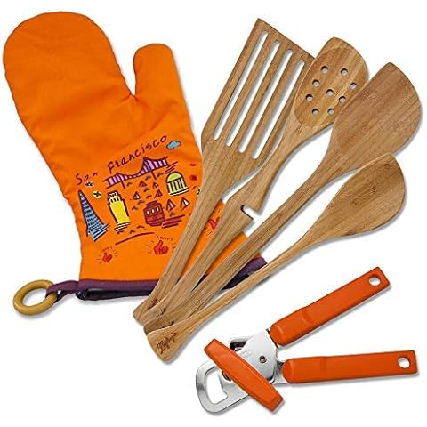 Left-handed Only from Lefty's Kitchen Tool Set Includes Left-handed Can Opener, 4 Bamboo Utensils, and Orange Mitt 6 Pcs. Cover
