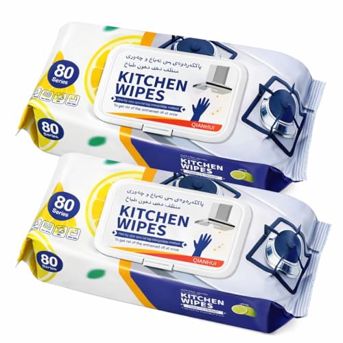 Kitchen Cleaning Wet Wipes [2 Pack - 160 Count] Lemon Scented Powerful Cleaning Degreasing & Strong Oil Removal Wet Wipes for Kitchen Restaurant Safe on Skin - مناديل تنظيف المطبخ