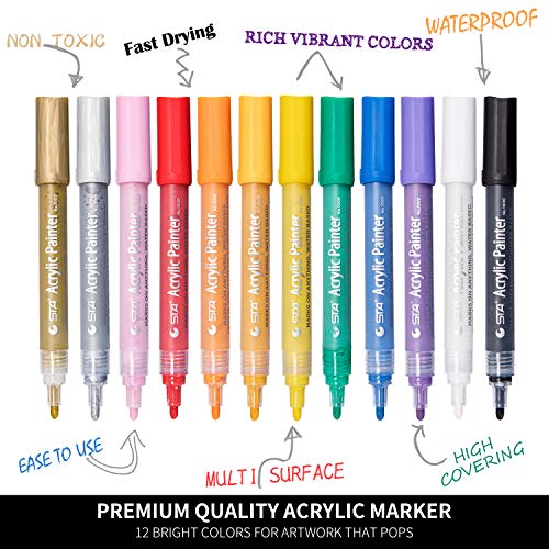 STA Acrylic Paint Pens Marker Pens for Rock Painting, Glass, Porcelain, Mug, Wood, Fabric, Canvas, DIY Craft Projects with Extra-fine Medium-Tip (12 Colors) - Thumbnail 4