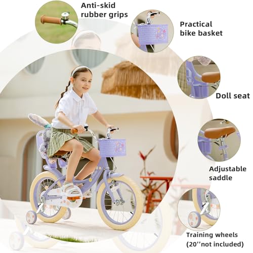 Image of Girls Bike with Basket for Toddlers and Kids Aged 3-14 Years Old, 12 14 16 18 Inch with Training Wheels & Doll Seat, 20 Inch with Kickstand & Rear Rack, Princess Style Bicycle for Gift.