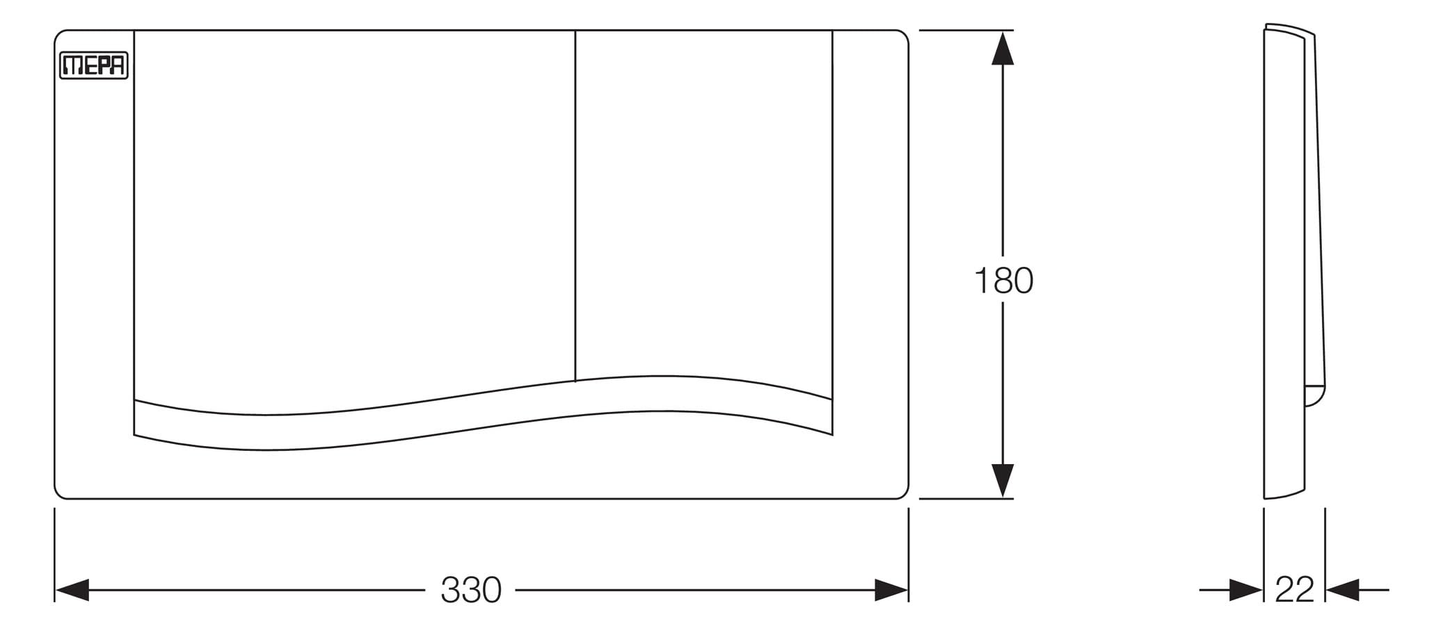 MEPA MEPA Wave 2-M 420505 - Pulsador para inodoro (330 x 180 x 22 mm, plástico, accionamiento desde la parte delantera, tecnología de 2 volúmenes para cisternas Sanicontrol UP, incluye material de