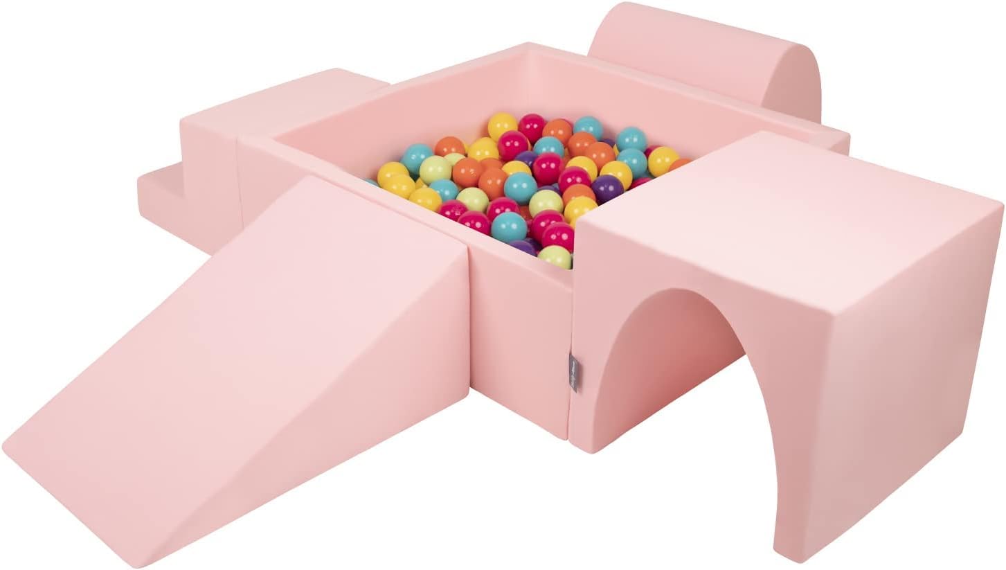 KiddyMoon Foam Playground For Kids With Square Ballpit (200 Balls ∅ 7Cm/2.75In) Soft Obstacles Course And Ball Pool Made In EU, Pink:Lgreen/Yellow/Turquoise/Orange/Dpink/Purple