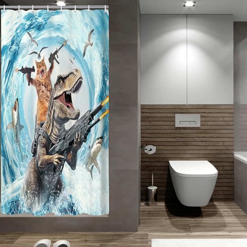 Image of Funny Cat Shower Curtain Set, Cute Cat Riding Dinosaur Theme Ocean Curtains for Bathroom Fun Nautical Kids Decor Polyester Fabric Restroom Curtains