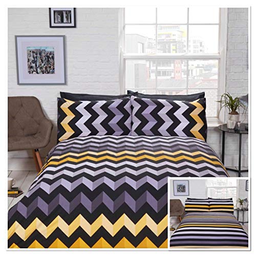 Bedding Heaven Parure de lit réversible avec Housse de Couette en Zigzag Effet 3 D. Bleu, Multicolore ou Ocre, Ocre, King Cover