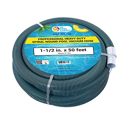 U.S. Pool Supply Pool Vacuum Hose - 1-1/2' x 50' Professional Heavy Duty Pool Hose for Inground, Spiral Wound with Kink-Free Swivel Cuff - Connect to Vacuum Heads, Skimmer, Cleaner, Filter Pump Inlet