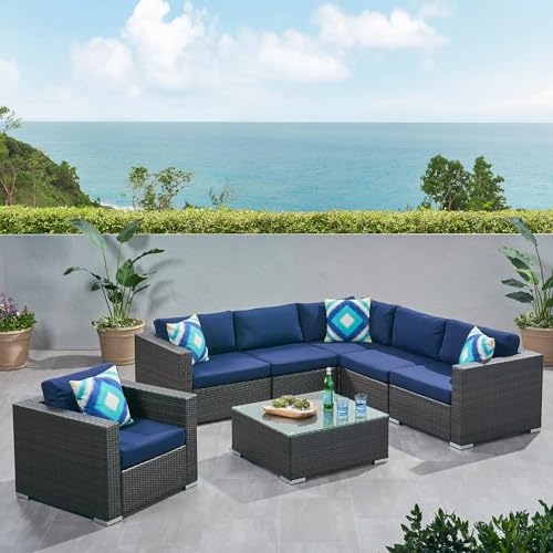 Image of DEVOKO HDPE Wicker Rattan 4-Piece Outdoor L-Shape Sectional Sofa Set with Chair and Glass Top Center Table for Patio, Garden, Deck, Lawn, Backyard, Terrace (Dark Brown & Navy Blue)