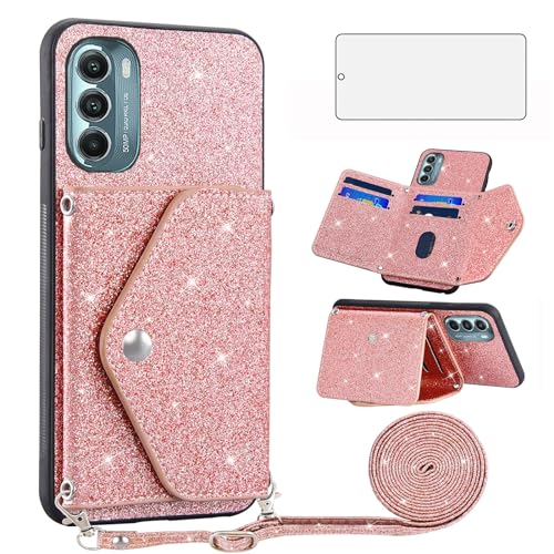 Protection Moto G Stylus 5G 2022 à paillettes pour sorties et voyages avec dragonne rose