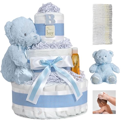 Image of Lil' Baby Cakes Baby Boy Diaper Cake for Baby Shower - Blue Premade Gift | Handmade 3-tier tower: 42 Swaddlers Size 1 diapers, Gund teddy bear & baby shampoo - newborn keepsake, ready to gift