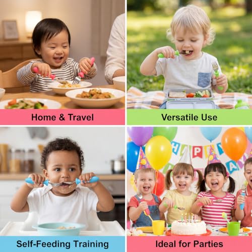 Image of Pimoys 6 Pieces Toddler Utensils Forks and Spoons Kids Silverware Set Stainless Steel Toddler Silverware - Plastic Handle for Self-Feeding Training Daily Meals and Travel Use Dishwasher Safe