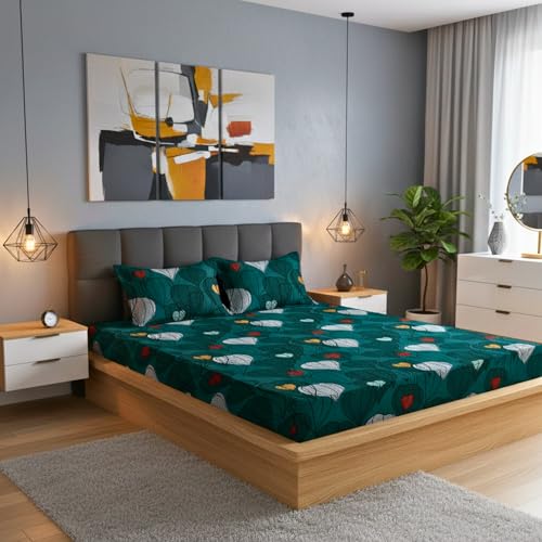 Image of BBSPED Innovation King Size Double Bed Bedsheet Set Leaf Print, Glace Cotton, 2 Pillow Covers, 90x100 (Green, Leaf Print)