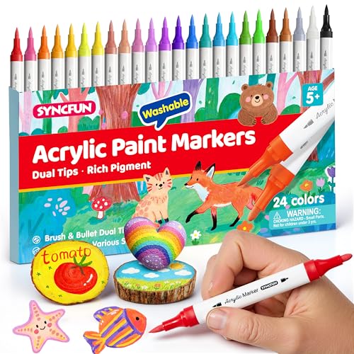 SYNCFUN 24 PCS Washable Acrylic Paint Markers Dual Tip Acrylic Paint Pens for Paper Window Fabric Canvas Rock Wood Glass Mirror Plastic Metal Birthday Valentine Easter Gifts for Kids