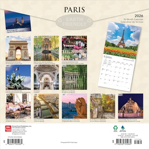 Paris | 2026 12 x 24 Inch (Hanging) Monthly Square Wall Calendar | Foil Stamped Cover | English/French Bilingual | Plastic-Free | BrownTrout | Scenic Travel Europe France - image 2