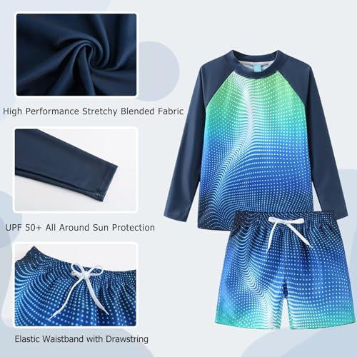 Image of Boys Two Piece Rash Guard Swimsuits Set with Swim Trunk Kids Long Sleeve Bathing Suit Swimwear Set
