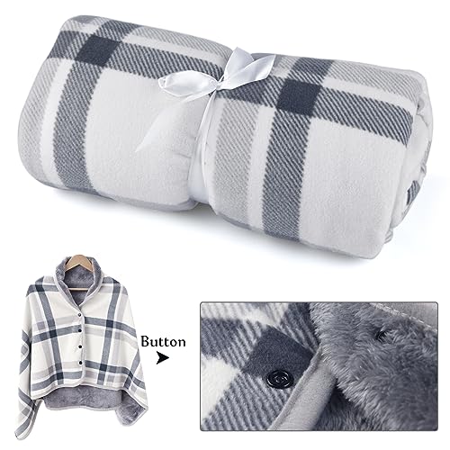SIVENKE Damen Poncho Fleece Tragbare Decke, Karierte Schoßdecke Bequemer Poncho Plüschdecken Überwurf Schal Wickelbezug Umhang mit Knöpfen für Bett Sofa Büro