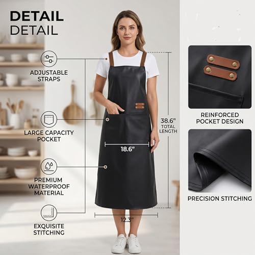 GEMBITYFUL Black Waterproof Apron Large Pocket PU Material Waterproof Oil-proof Dust-proof Apron Slim Apron Length 38.6 inch - 2