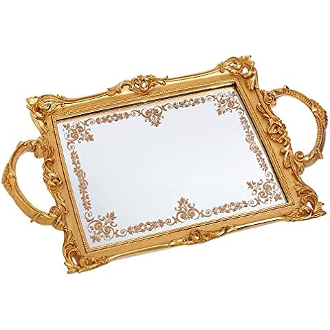 DECO DESIGN Decorative Mirrored Jewellery Tray ~ Elegant Designed Vintage Display and Serving Tray with Gold Rim Cover