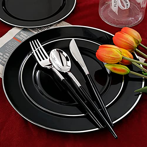 Wellife 24 Guests Disposable Black Plastic Plates With Silver Rim, Silver Cutlery With Black Handle, Includes: 24 Dinner Plates, 24 Dessert Plates, 24 Knives, 24 Forks,24 Spoons #TOP3
