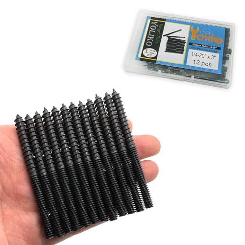 Image of 12 Pack 1 /4-20 x 3 Inch Black Hanger Bolts - Double Headed, Carbon Steel, 1 /4-20 inch Double Screw, Wood Dowel Screw