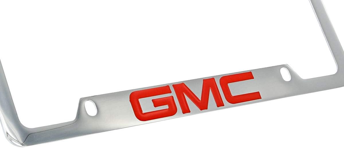 GMC Red Logo Chrome Plated Metal Bottom Engraved License Plate Frame Holder