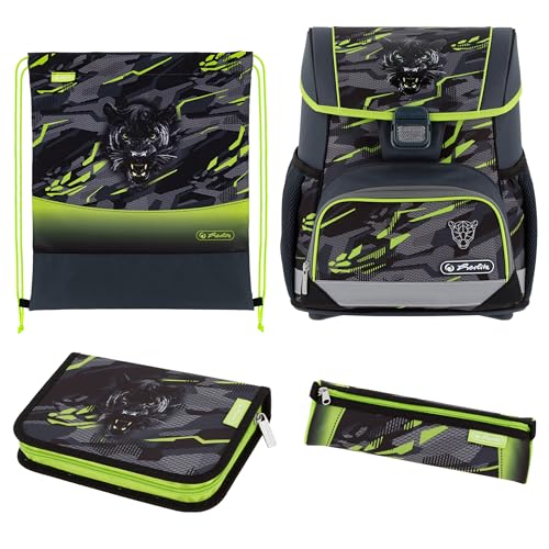 herlitz Schulranzen Set 4-teilig Loop Wild Panther Grau Grün 17 L Ergonomischer Tornister mit geringem Gewicht 1. Klasse Junge Mädchen Kinder