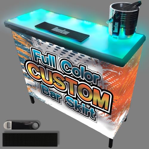 Image of PartyLife Glowing LED Surface Portable Bar Table w /Mobile App, Folding Steel Legs, 2 Bar Skirts, Supportive Storage Shelf & Carrying Case - Custom Skirt